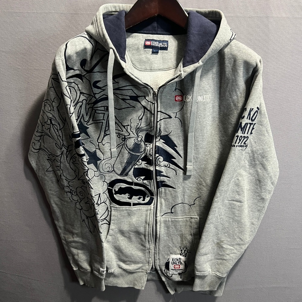Ecko Unltd Mens Graffiti Graphic Full Zip Hoodie Gray Rhino Logo Size M
